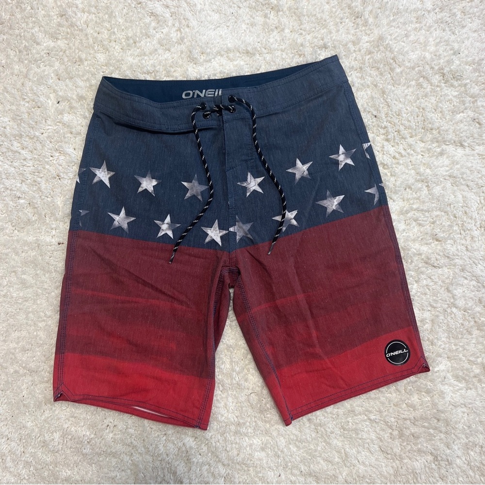 O'Neill American Flag Board Short Men Sz 28 Red White Blue Patriotic Swim Trunk